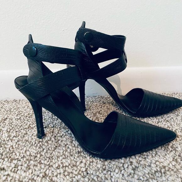🛑SOLD🛑 Alexander Wang Sonja Heels Size 39 8.5 Black Point Toe Reptile Designer - Picture 2 of 12